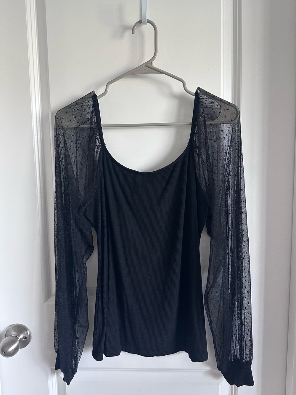 Women's Black Sheer Dot Sleeve Blouse - Lightweight Long Sleeve Top